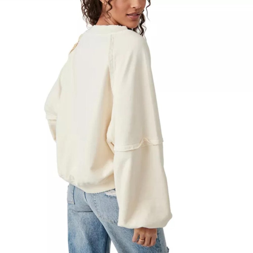 Free People Sweet Deets Sweatshirt-Women’s S-Cream Oversized Pullover Cotton - Picture 5 of 12